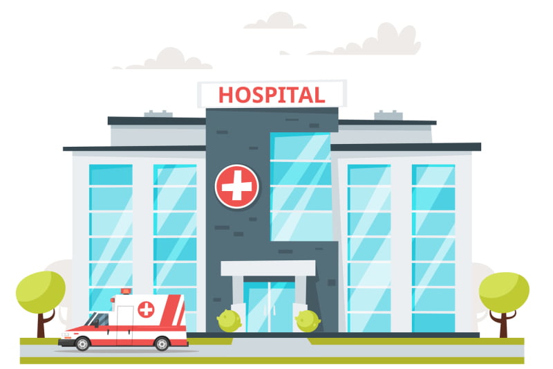 रुग्णवाहिका कारसह रुग्णालयाच्या इमारतीचे वेक्टर कार्टून शैलीतील चित्रण.वैद्यकीय थीम चिन्ह सेट.पांढऱ्या पार्श्वभूमीवर विलग.